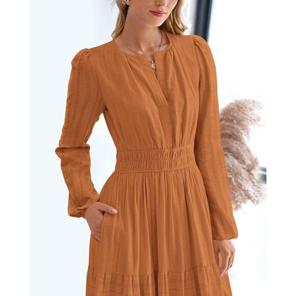 Women Brown Orange Long Sleeve V Neck Elastic Waist Maxi Dress With Pockets - Picture 5 of 8